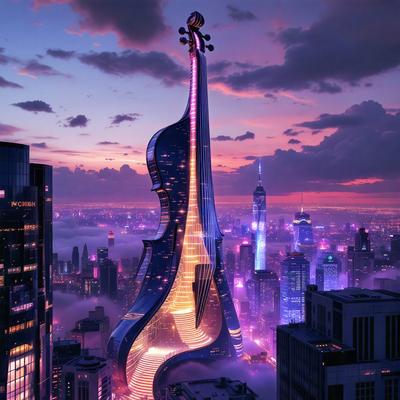 The primary subject of the image is a large, futuristic-looking guitar structure, which is the main focus of the scene. The setting is a cityscape with a purple sky, creating a unique and visually striking backdrop. The visual style of the image is a combination of photo and digital art, giving it a surreal and artistic appearance. The dominant colors in the image are purple and pink, which contribute to the overall mood of the scene, evoking a sense of dreaminess and creativity.